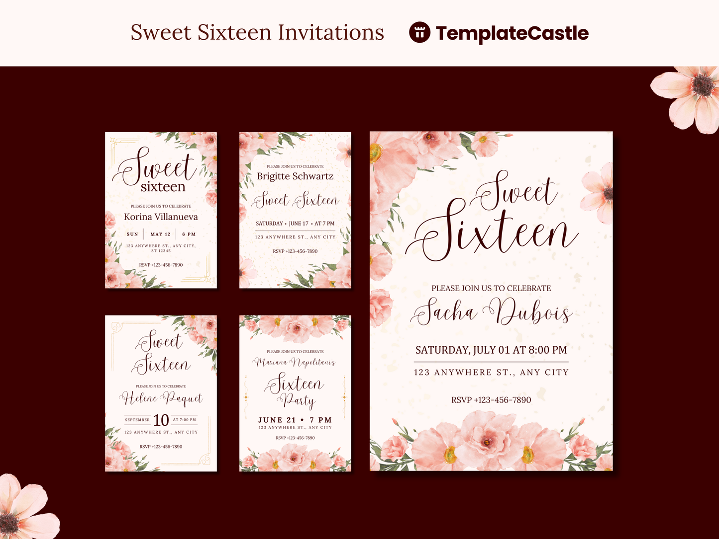 5 Sweet Sixteen Invitations Floral Templates Elegant Sweet 16 Party Invitations Templates Sweet 16th Editable Canva Invitations Templates