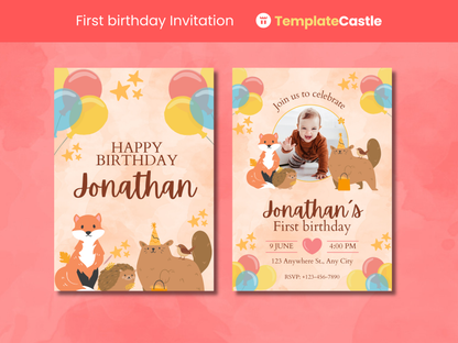 2 First Birthday Invitations Cute Woodland Editable First Birthday Invitation Template Canva Template Boys and Girls Birthday Cards