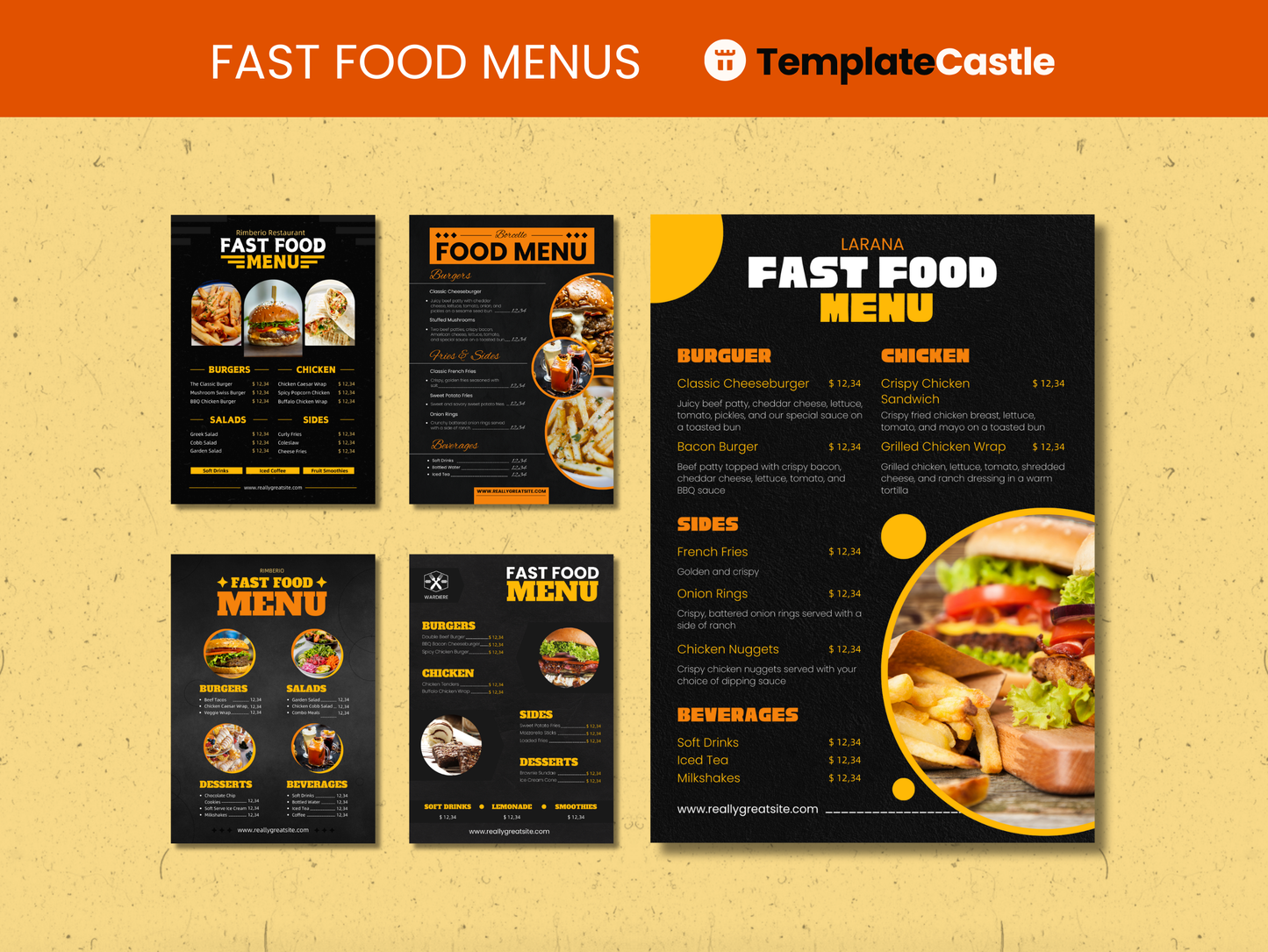 5 Fast Food Menu Canva Templates Menu Editable Canva Templates Cards Delicious Fast Food Menus Cards Canva Templates