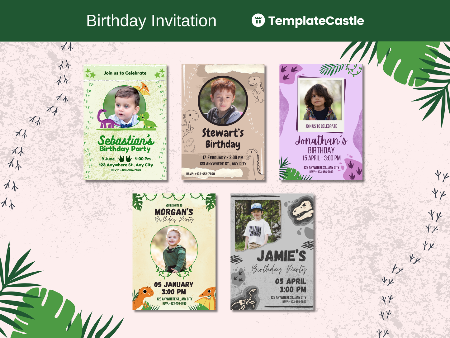 5 Dinosaur Birthday Invitations Templates Canva Editable Children Dinosaur Birthday Templates Canva Dinosaur Kids Birthday Invitations Cards