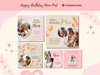 Happy Birthday Mom Templates Mother's birthday Social Media Posts Canva Editable Birthday mom Cards Floral and Balloon Birthday Mom Card