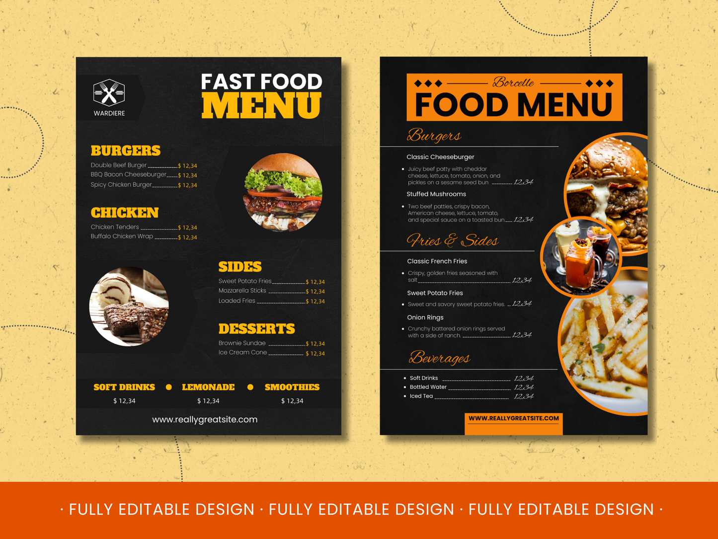 5 Fast Food Menu Canva Templates Menu Editable Canva Templates Cards Delicious Fast Food Menus Cards Canva Templates