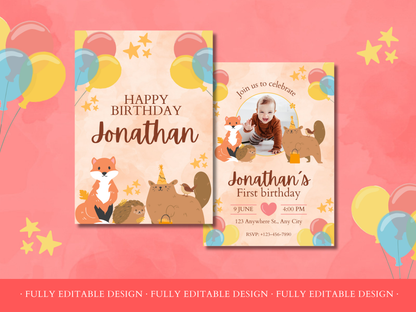 2 First Birthday Invitations Cute Woodland Editable First Birthday Invitation Template Canva Template Boys and Girls Birthday Cards