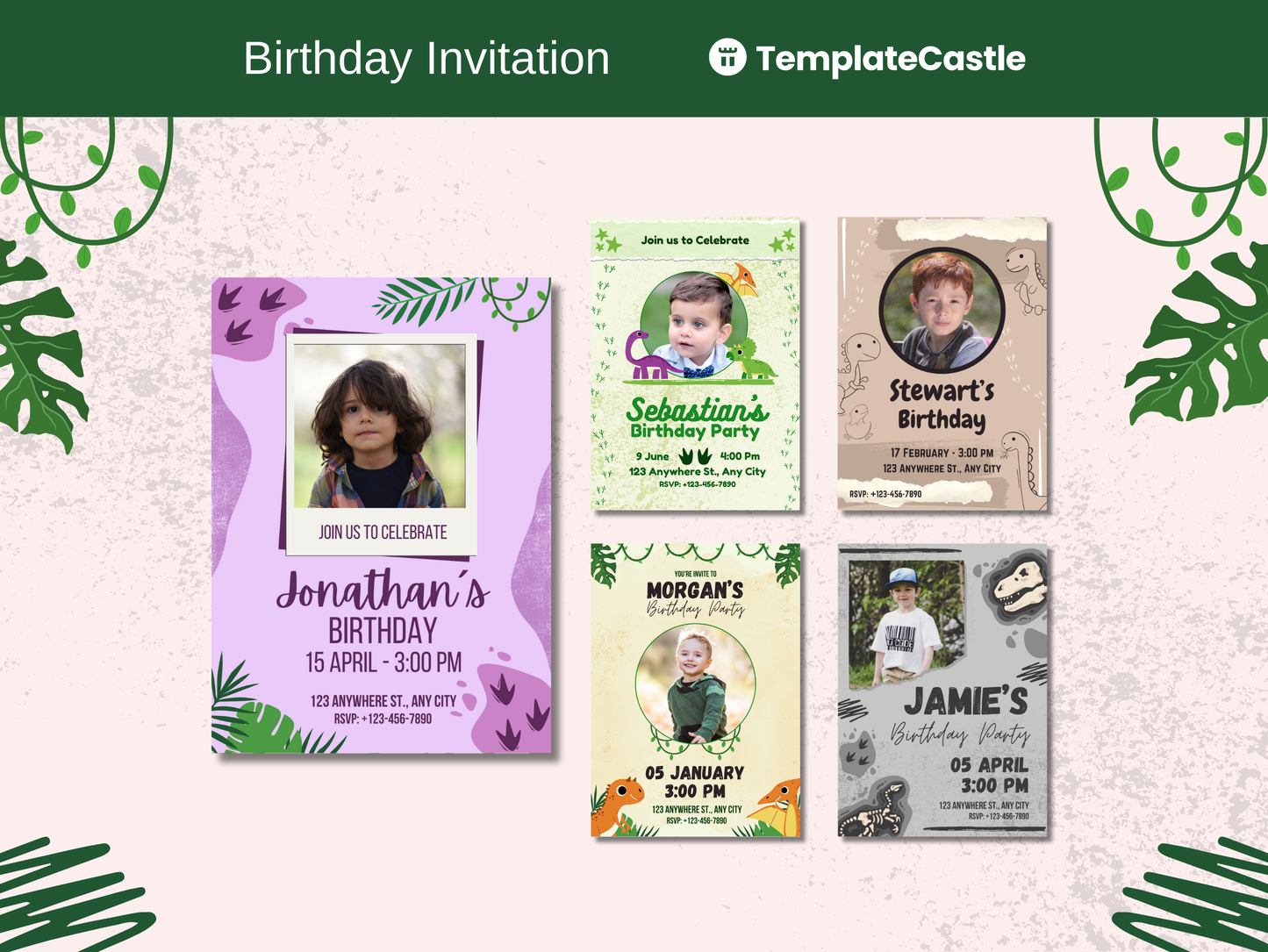 5 Dinosaur Birthday Invitations Templates Canva Editable Children Dinosaur Birthday Templates Canva Dinosaur Kids Birthday Invitations Cards