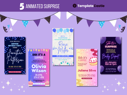 5 Animated Surprise Birthday Invitations Templates Editable Canva Animated Templates Happy Birthday Party Digital Invitations Templates