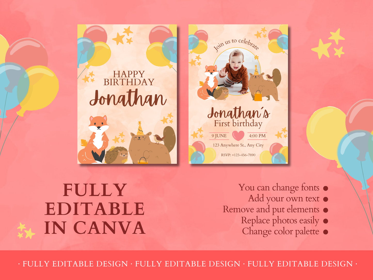 2 First Birthday Invitations Cute Woodland Editable First Birthday Invitation Template Canva Template Boys and Girls Birthday Cards