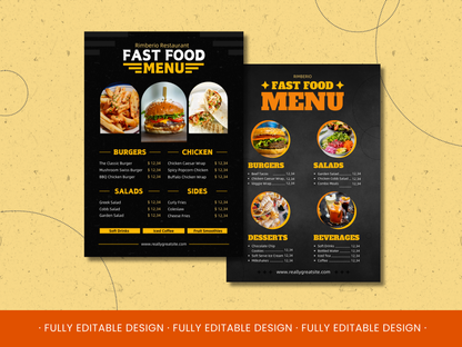 5 Fast Food Menu Canva Templates Menu Editable Canva Templates Cards Delicious Fast Food Menus Cards Canva Templates