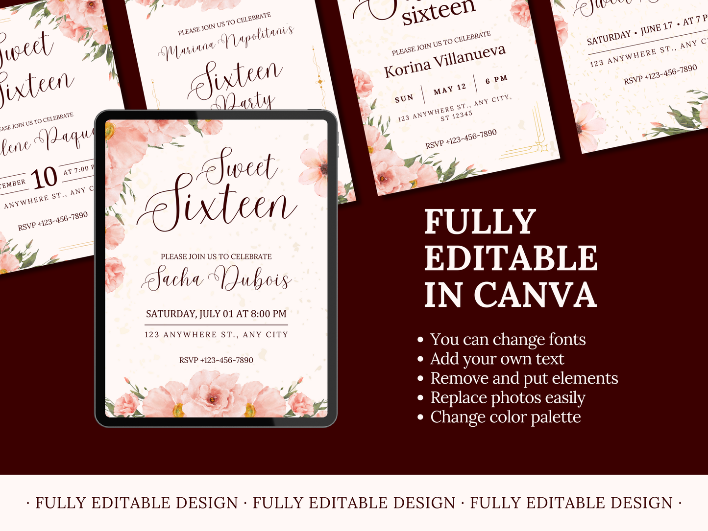 5 Sweet Sixteen Invitations Floral Templates Elegant Sweet 16 Party Invitations Templates Sweet 16th Editable Canva Invitations Templates