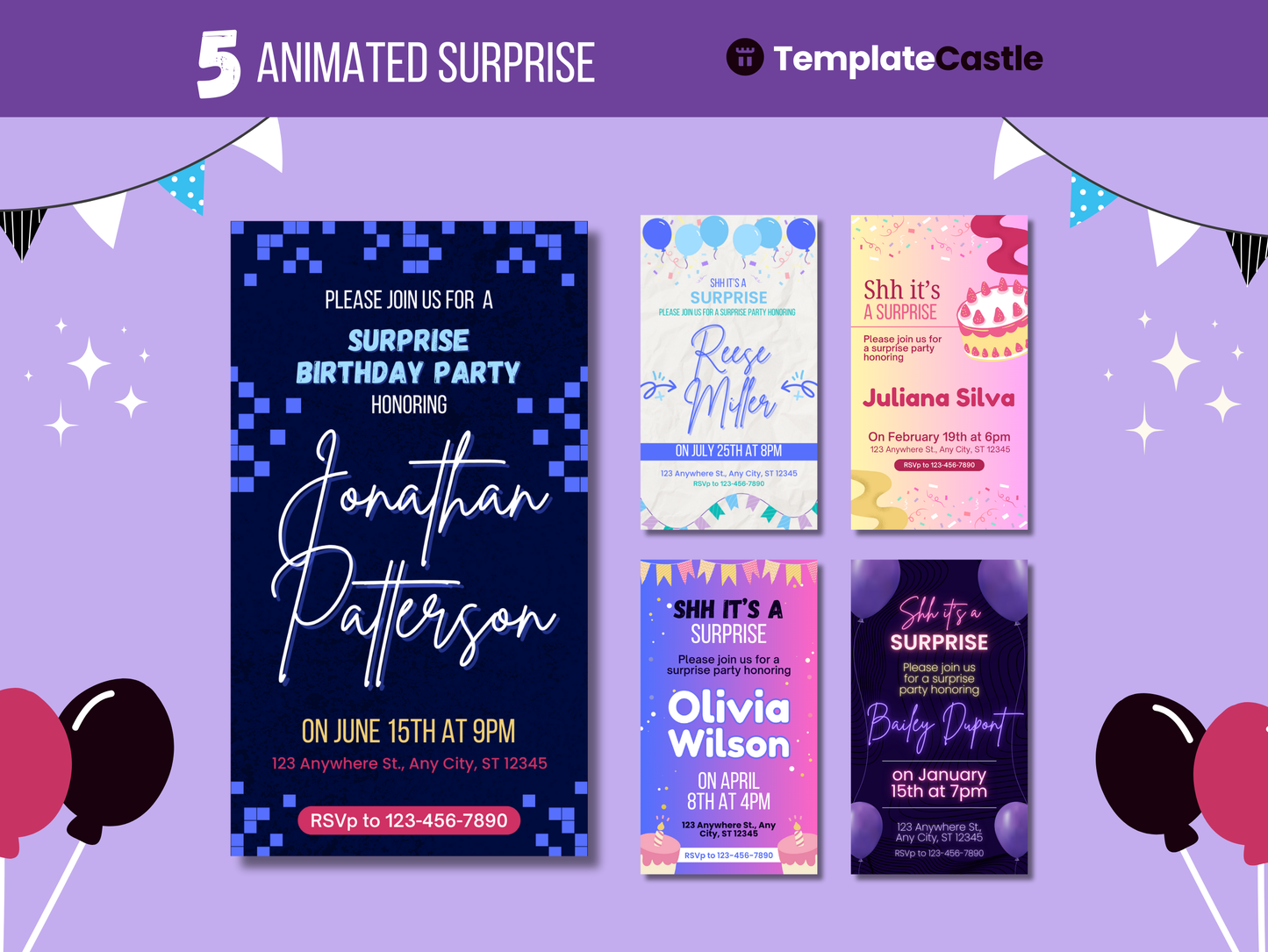 5 Animated Surprise Birthday Invitations Templates Editable Canva Animated Templates Happy Birthday Party Digital Invitations Templates