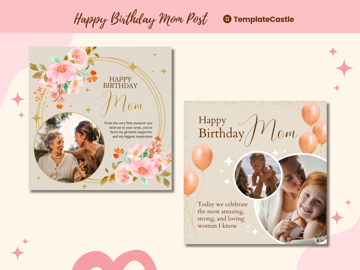 Happy Birthday Mom Templates Mother's birthday Social Media Posts Canva Editable Birthday mom Cards Floral and Balloon Birthday Mom Card