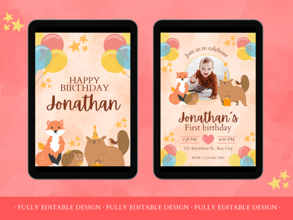 2 First Birthday Invitations Cute Woodland Editable First Birthday Invitation Template Canva Template Boys and Girls Birthday Cards