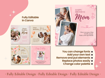 Happy Birthday Mom Templates Mother's birthday Social Media Posts Canva Editable Birthday mom Cards Floral and Balloon Birthday Mom Card