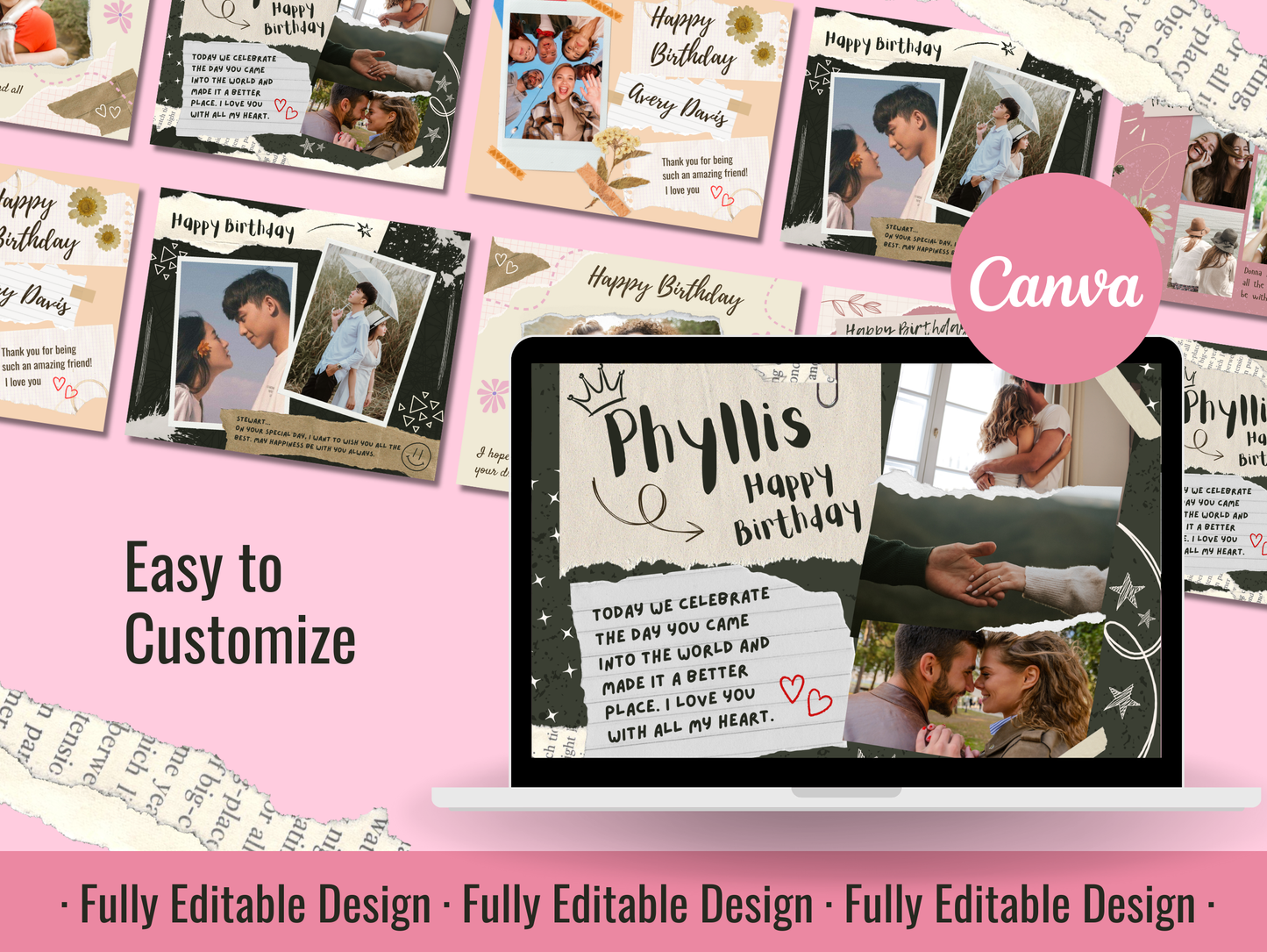 5 Happy Birthday Scrapbook Templates Editable Canva Scrapbook Happy Birthday Collage Photo Templates Digital Scrapbook Birthday Templates