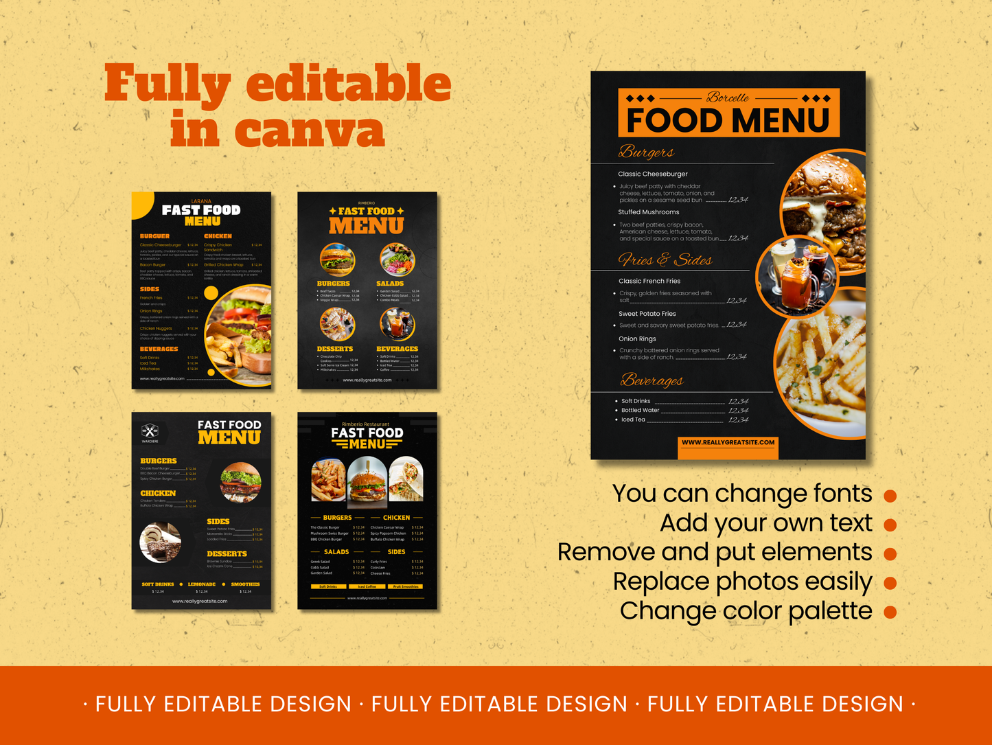 5 Fast Food Menu Canva Templates Menu Editable Canva Templates Cards Delicious Fast Food Menus Cards Canva Templates