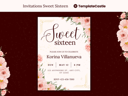 5 Sweet Sixteen Invitations Floral Templates Elegant Sweet 16 Party Invitations Templates Sweet 16th Editable Canva Invitations Templates