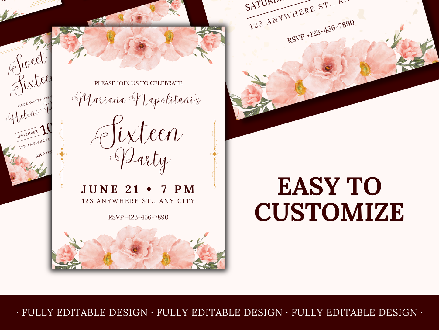 5 Sweet Sixteen Invitations Floral Templates Elegant Sweet 16 Party Invitations Templates Sweet 16th Editable Canva Invitations Templates