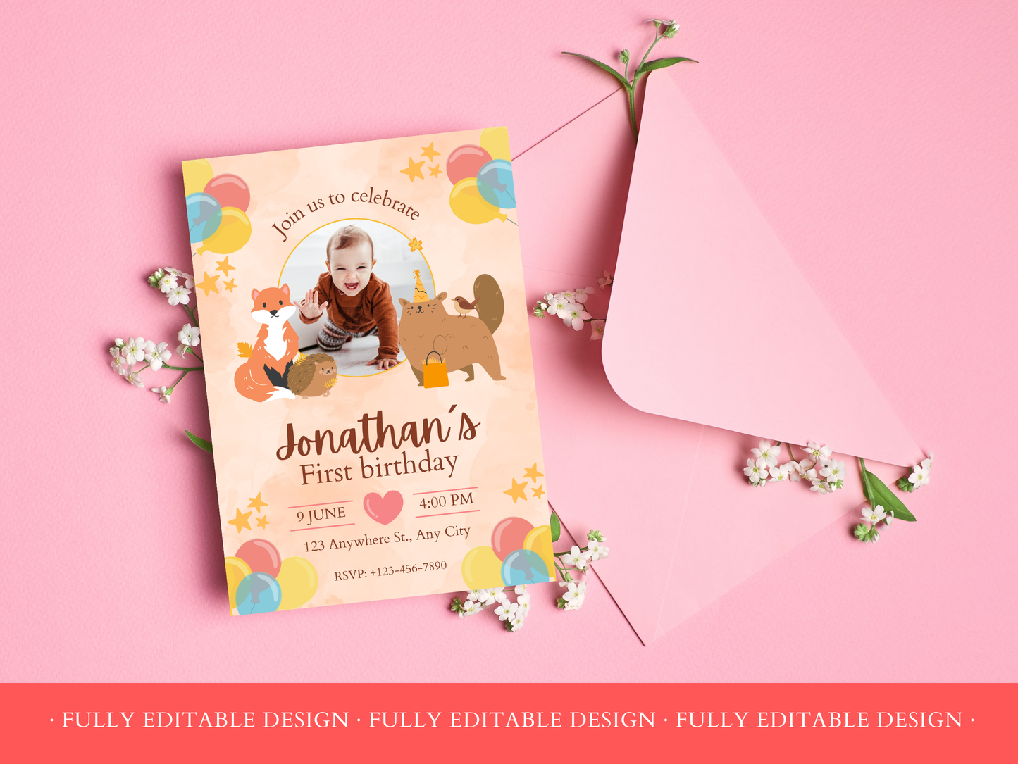 2 First Birthday Invitations Cute Woodland Editable First Birthday Invitation Template Canva Template Boys and Girls Birthday Cards