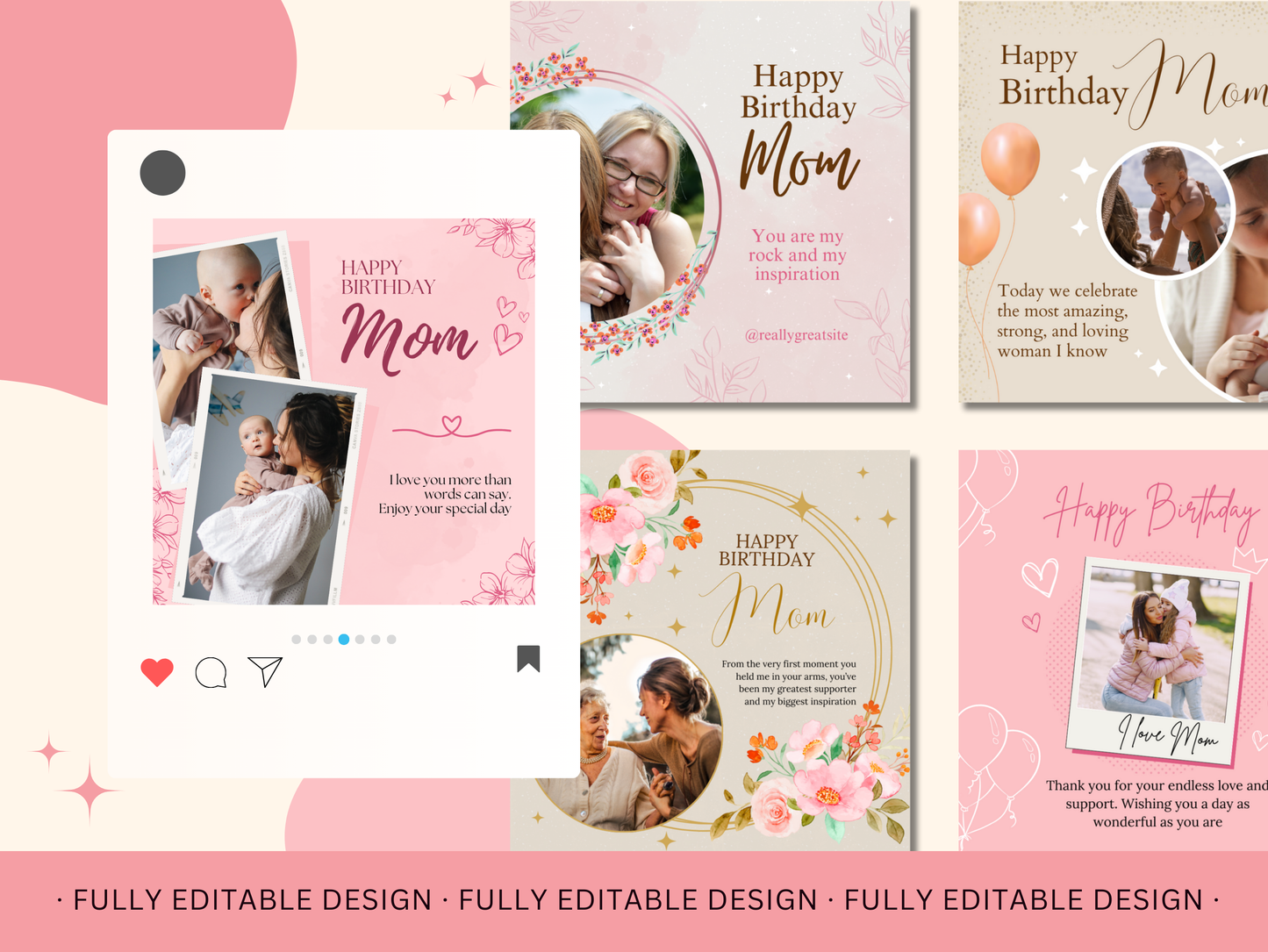 Happy Birthday Mom Templates Mother's birthday Social Media Posts Canva Editable Birthday mom Cards Floral and Balloon Birthday Mom Card