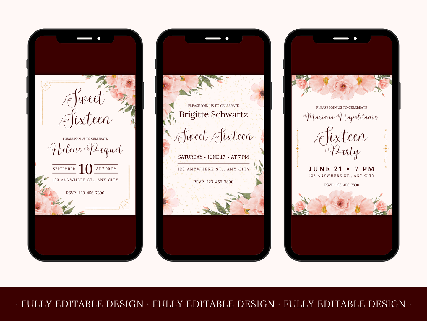 5 Sweet Sixteen Invitations Floral Templates Elegant Sweet 16 Party Invitations Templates Sweet 16th Editable Canva Invitations Templates