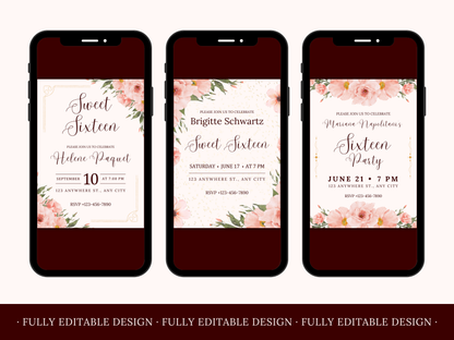 5 Sweet Sixteen Invitations Floral Templates Elegant Sweet 16 Party Invitations Templates Sweet 16th Editable Canva Invitations Templates