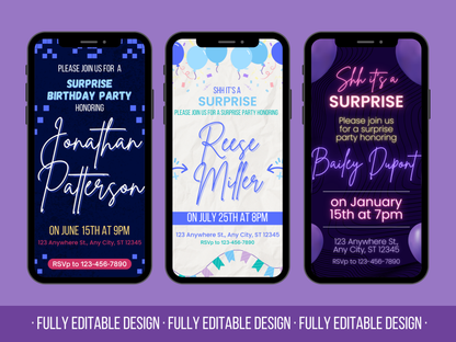 5 Animated Surprise Birthday Invitations Templates Editable Canva Animated Templates Happy Birthday Party Digital Invitations Templates