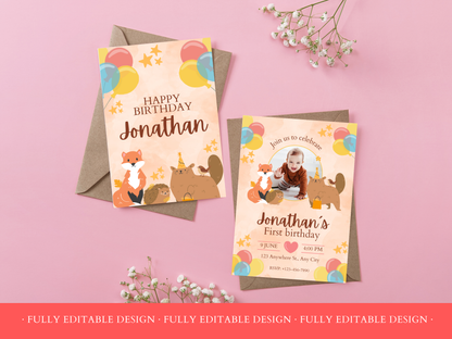 2 First Birthday Invitations Cute Woodland Editable First Birthday Invitation Template Canva Template Boys and Girls Birthday Cards