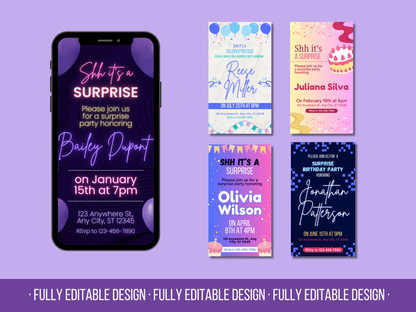 5 Animated Surprise Birthday Invitations Templates Editable Canva Animated Templates Happy Birthday Party Digital Invitations Templates