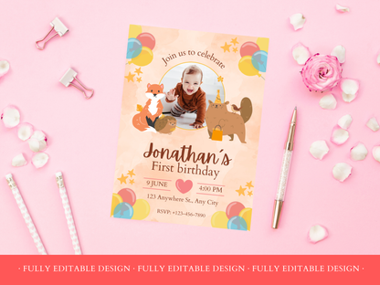 2 First Birthday Invitations Cute Woodland Editable First Birthday Invitation Template Canva Template Boys and Girls Birthday Cards