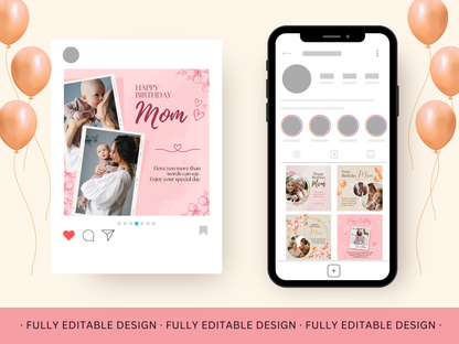 Happy Birthday Mom Templates Mother's birthday Social Media Posts Canva Editable Birthday mom Cards Floral and Balloon Birthday Mom Card