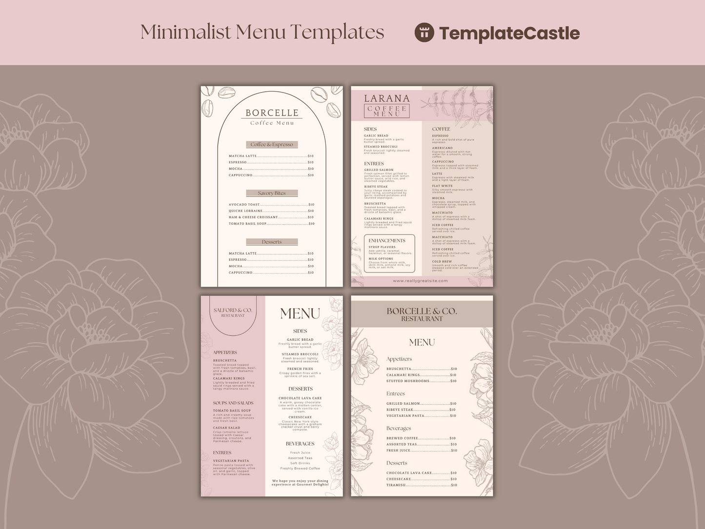 4 Elegant Menu Restaurant Templates Canva Editable Menu Templates  Minimalist Restaurants Menu Delicious Food