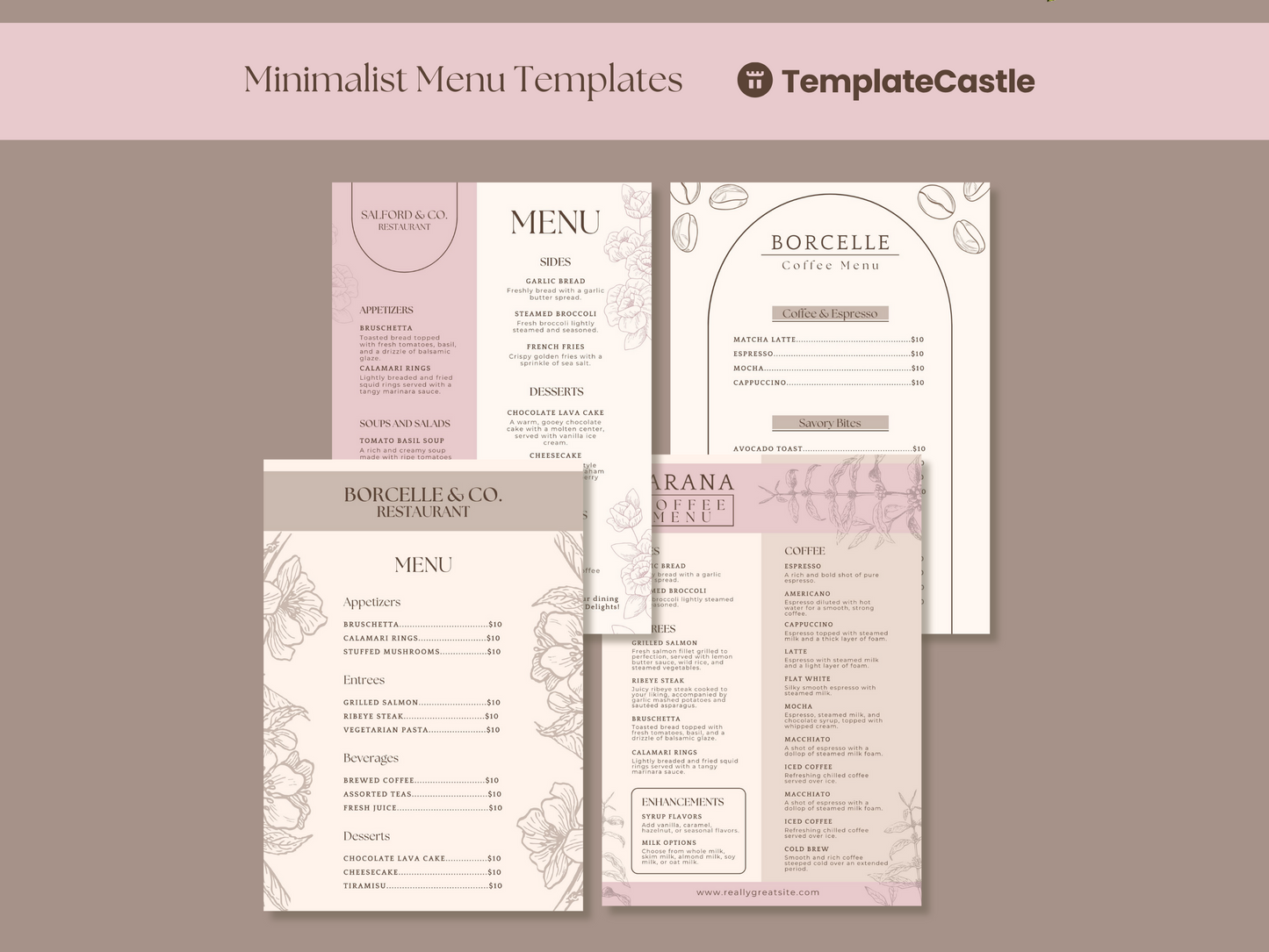 4 Elegant Menu Restaurant Templates Canva Editable Menu Templates  Minimalist Restaurants Menu Delicious Food