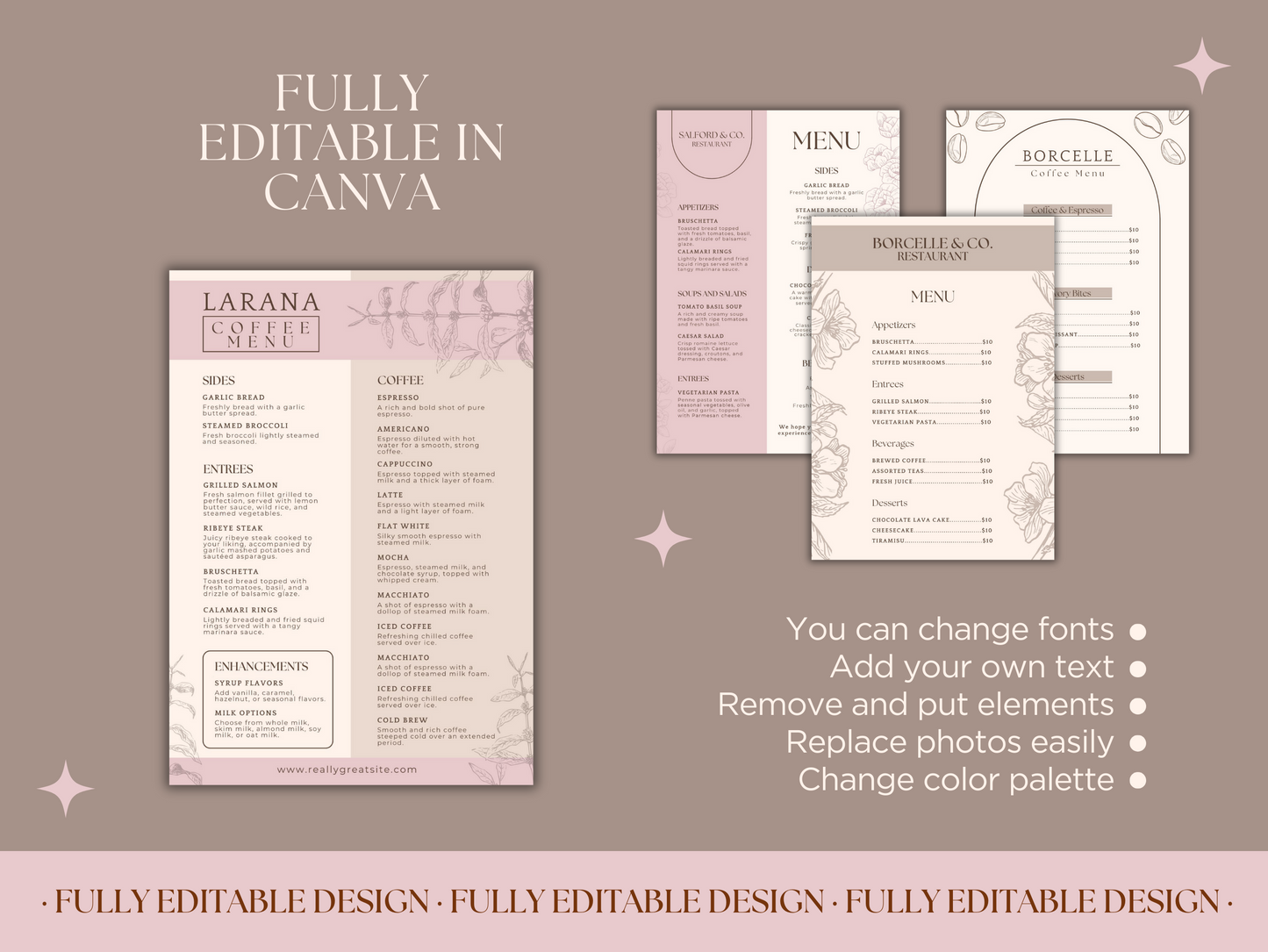 4 Elegant Menu Restaurant Templates Canva Editable Menu Templates  Minimalist Restaurants Menu Delicious Food